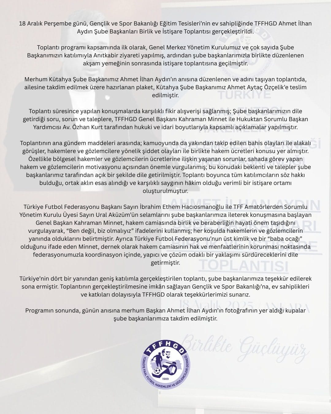 TFFHGD Ahmet İlhan Aydın Şube Başkanları Birlik ve İstişare Toplantısı Gerçekleştirildi